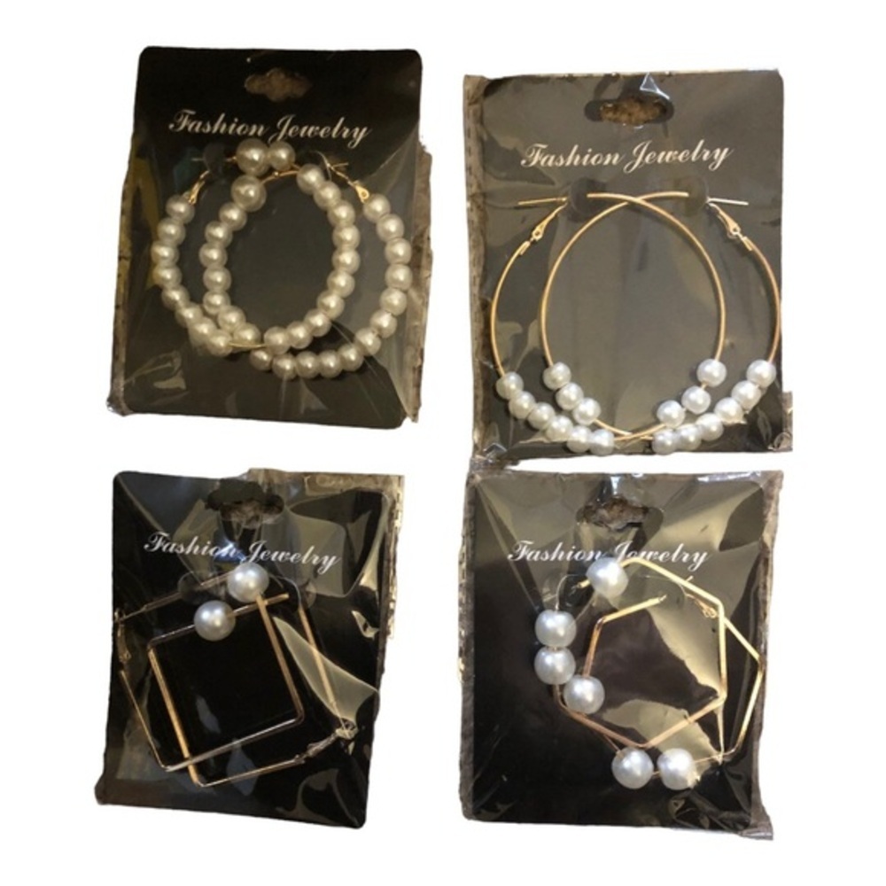 2 pairs faux Pearl cz gold plated geometric octagon hoop costume earrings set
